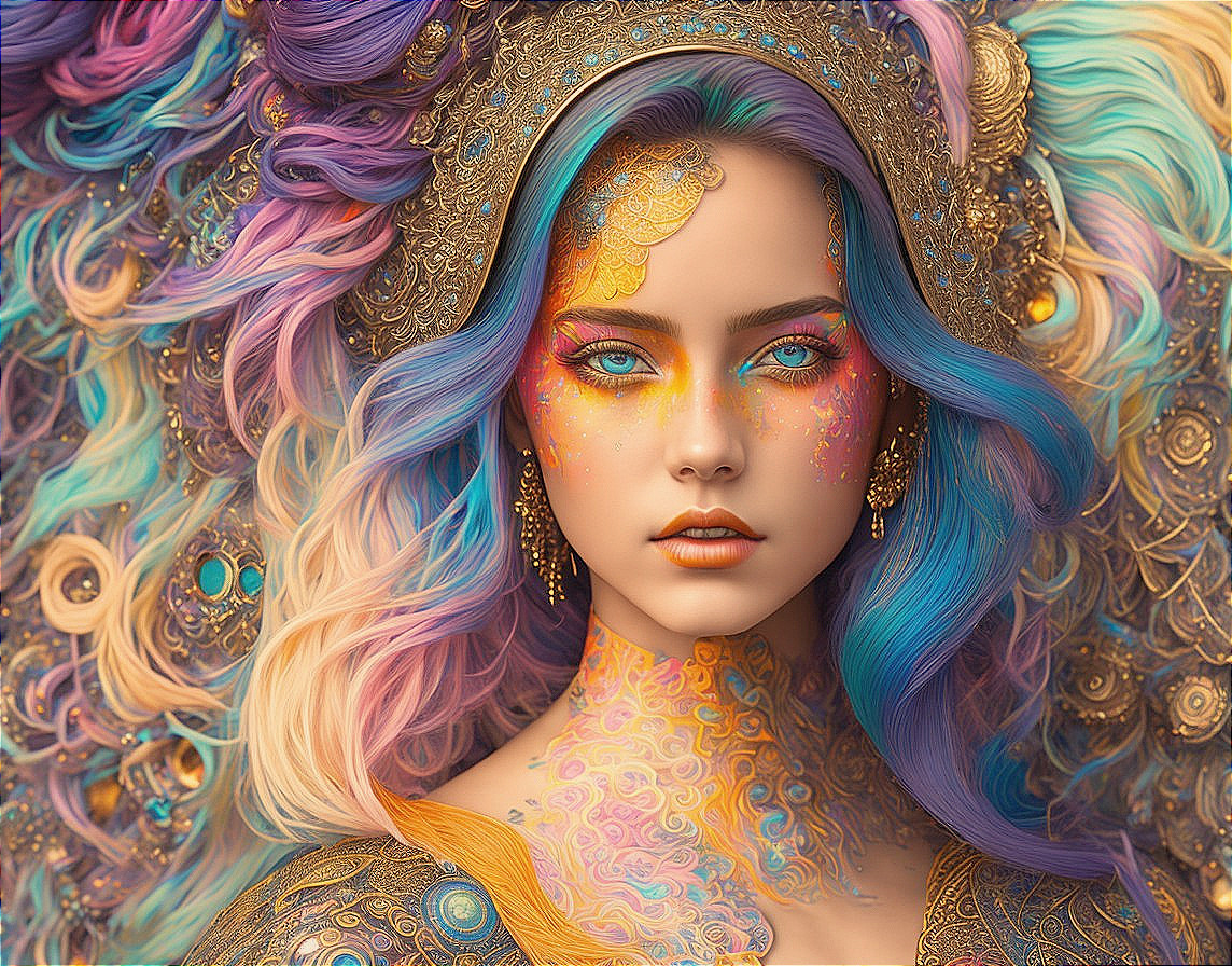 Colorful digital portrait of a woman with multicolored hair and ornate headgear.