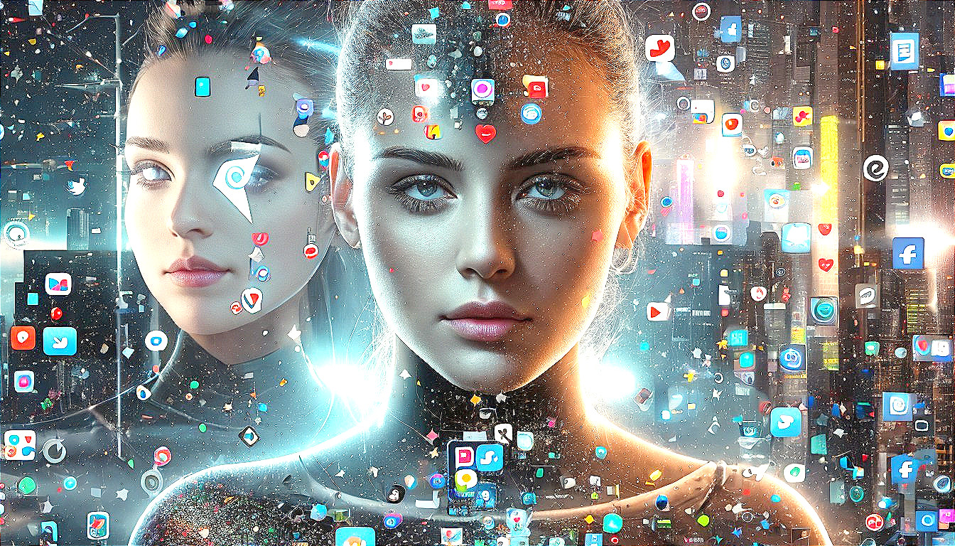 Digital artwork: Woman's face with vibrant social media icons