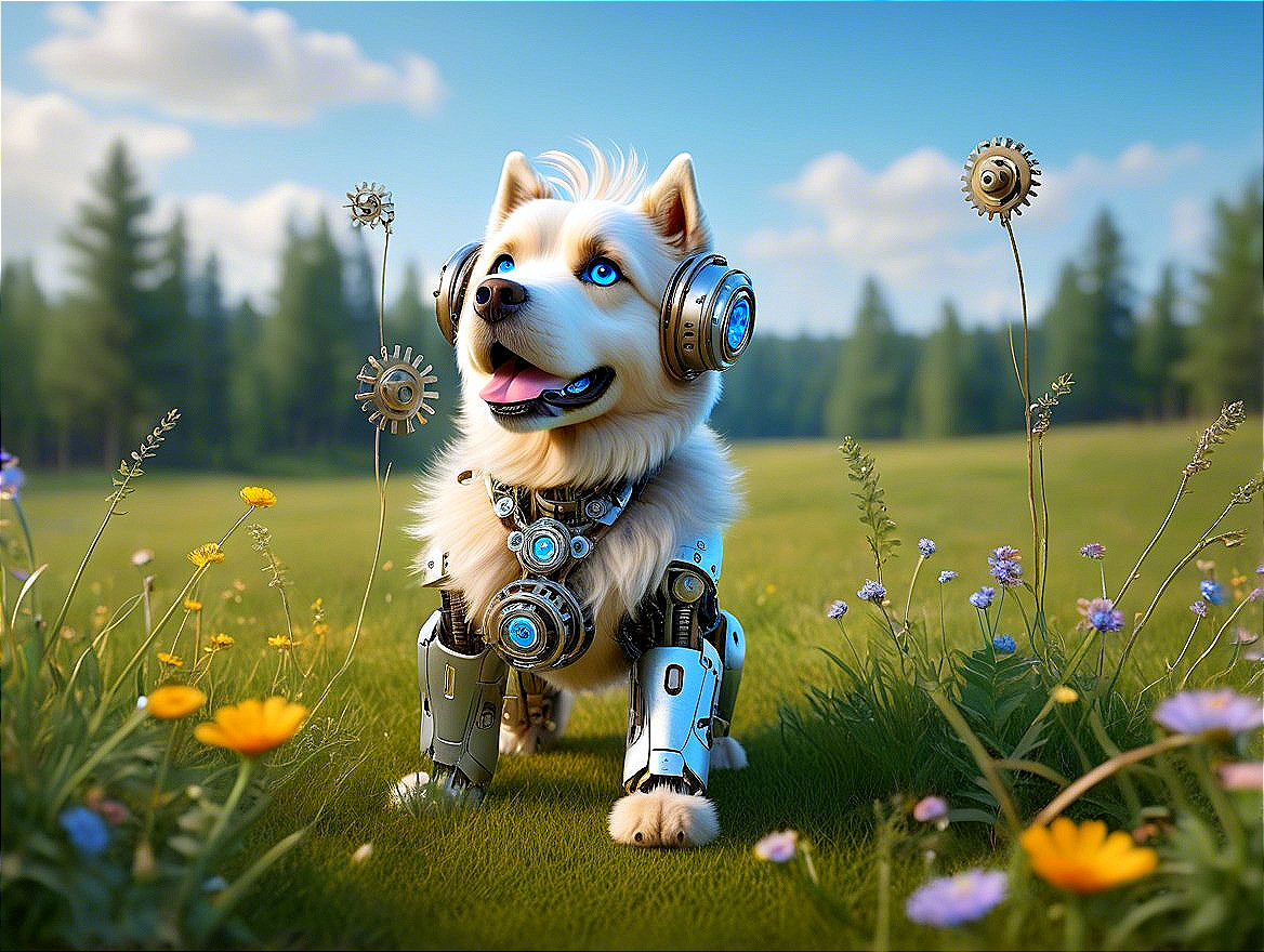 Futuristic robotic dog in a wildflower field