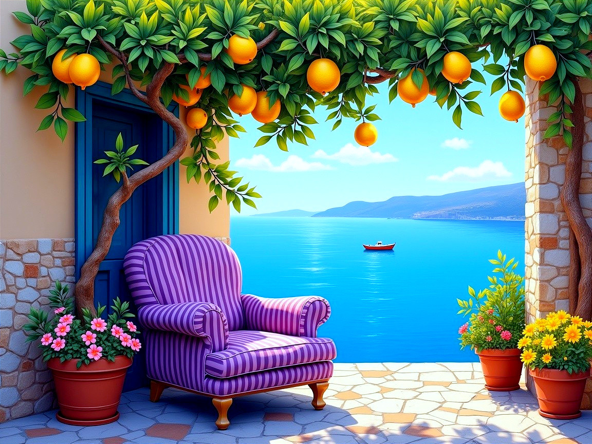 Coastal Scene with Purple Armchair and Orange Tree