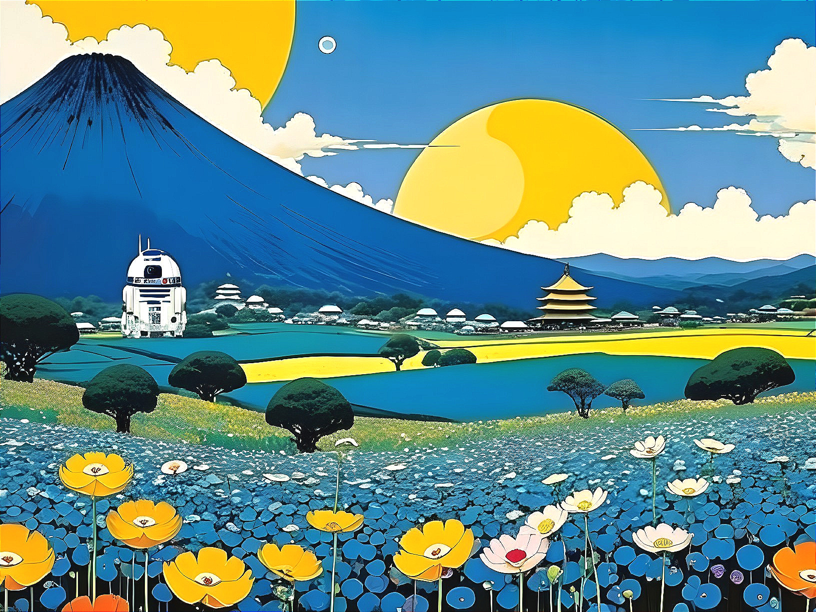 Futuristic Landscape with Robot and Majestic Mountains