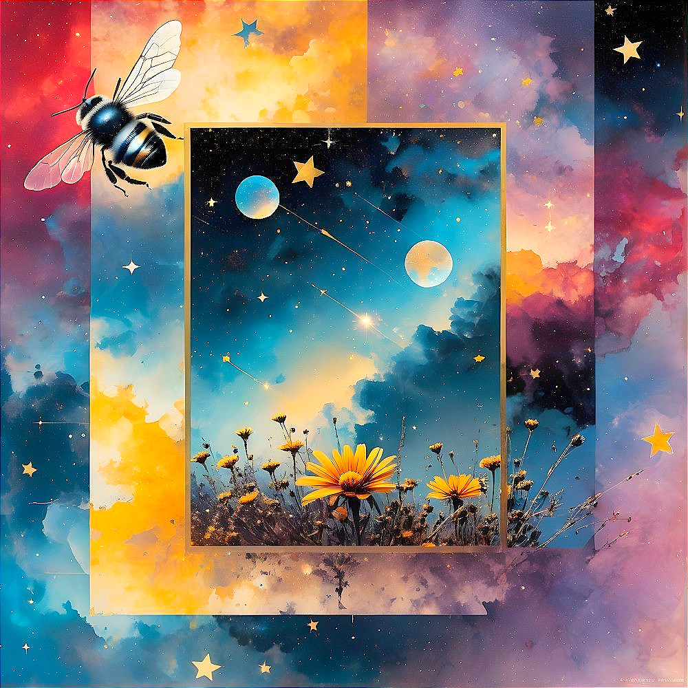 Vibrant Cosmic Artwork with Flowers and Celestial Elements
