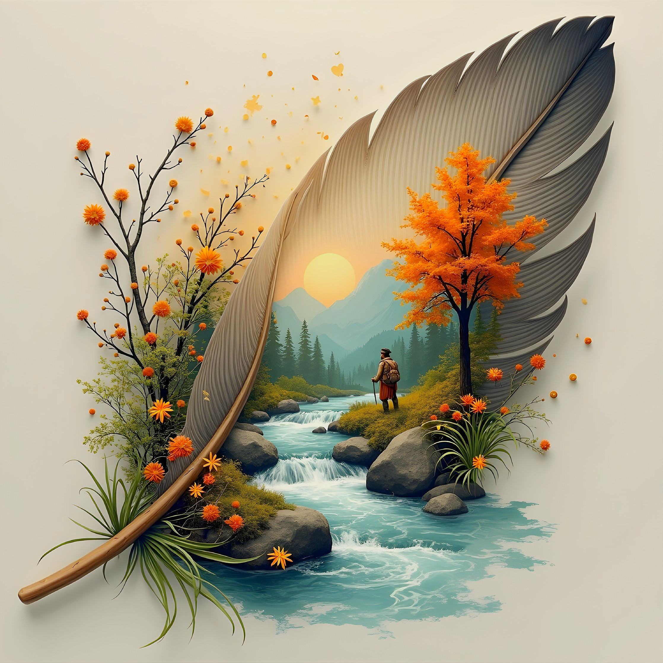 Giant Feather Framing a Serene Autumn Landscape