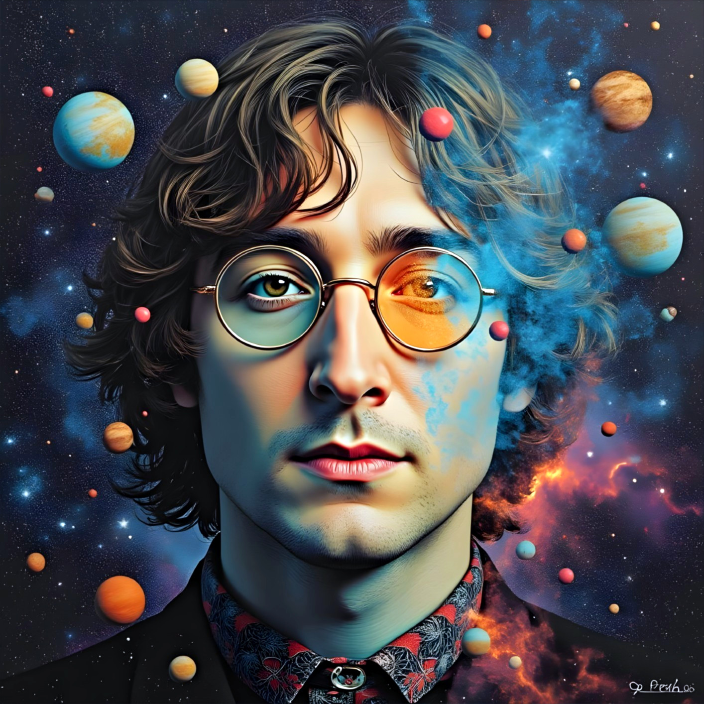Young man with glasses in cosmic surrealism scene