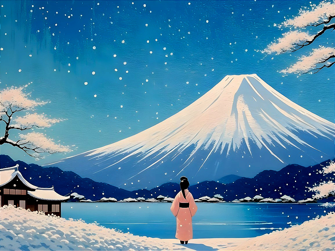 Winter Scene of Mount Fuji with Pink Kimono Figure