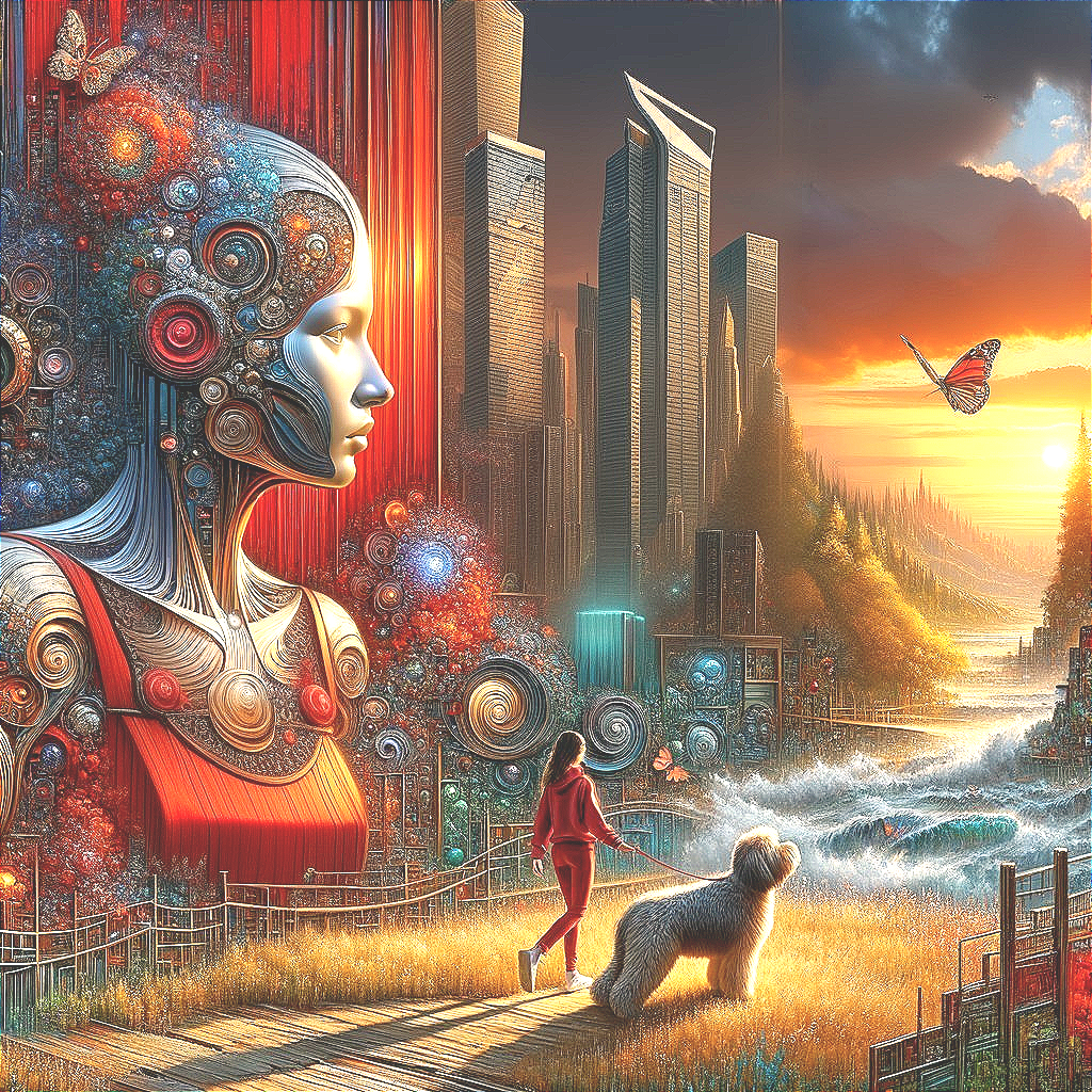 Surreal Landscape with Humanoid Figure and Sunset