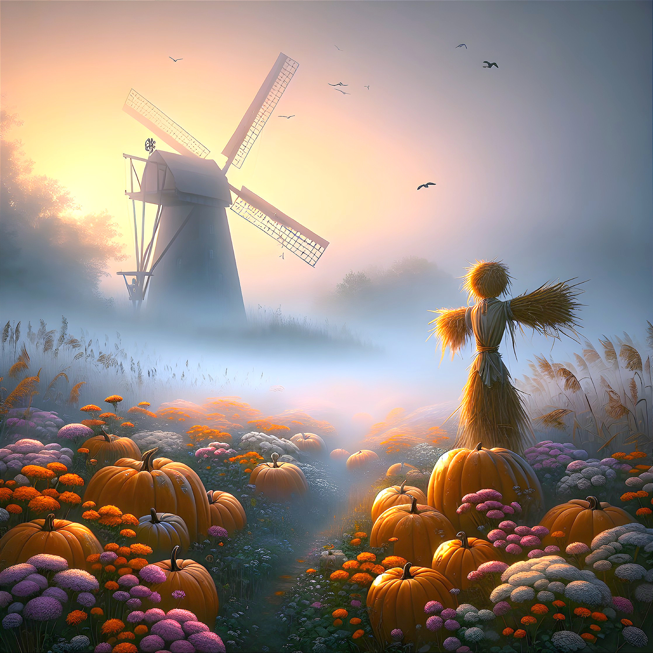 Autumn Landscape with Windmill and Pumpkins