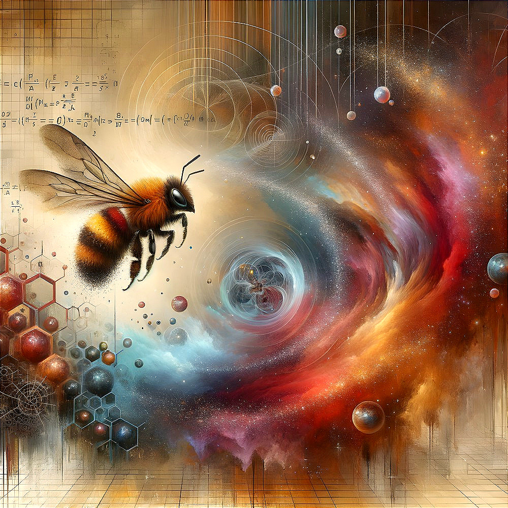 Surreal Bee in Cosmic Landscape with Honeycomb Patterns