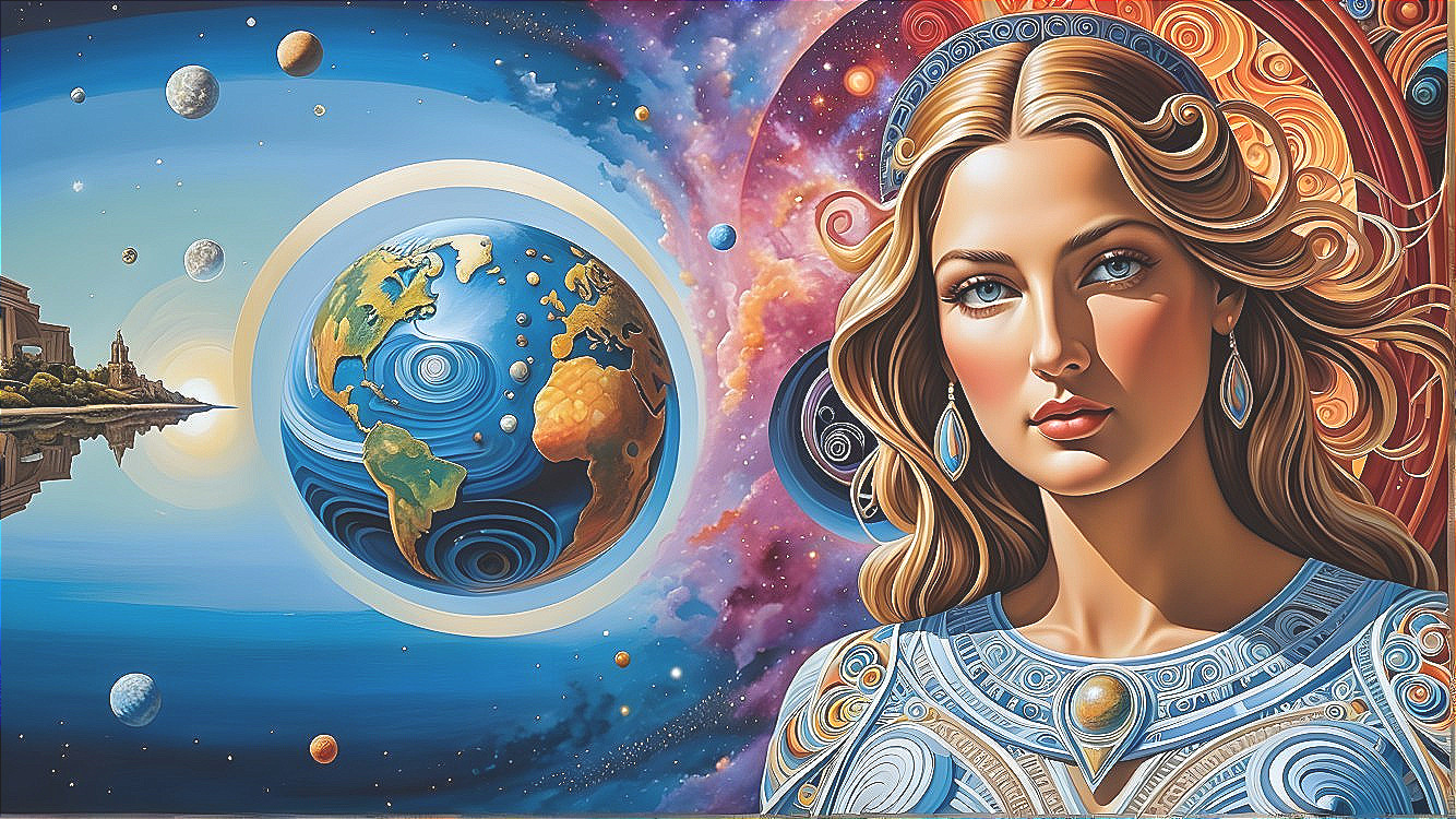 Serene Woman in Blue Amidst Cosmic Galaxy Scene