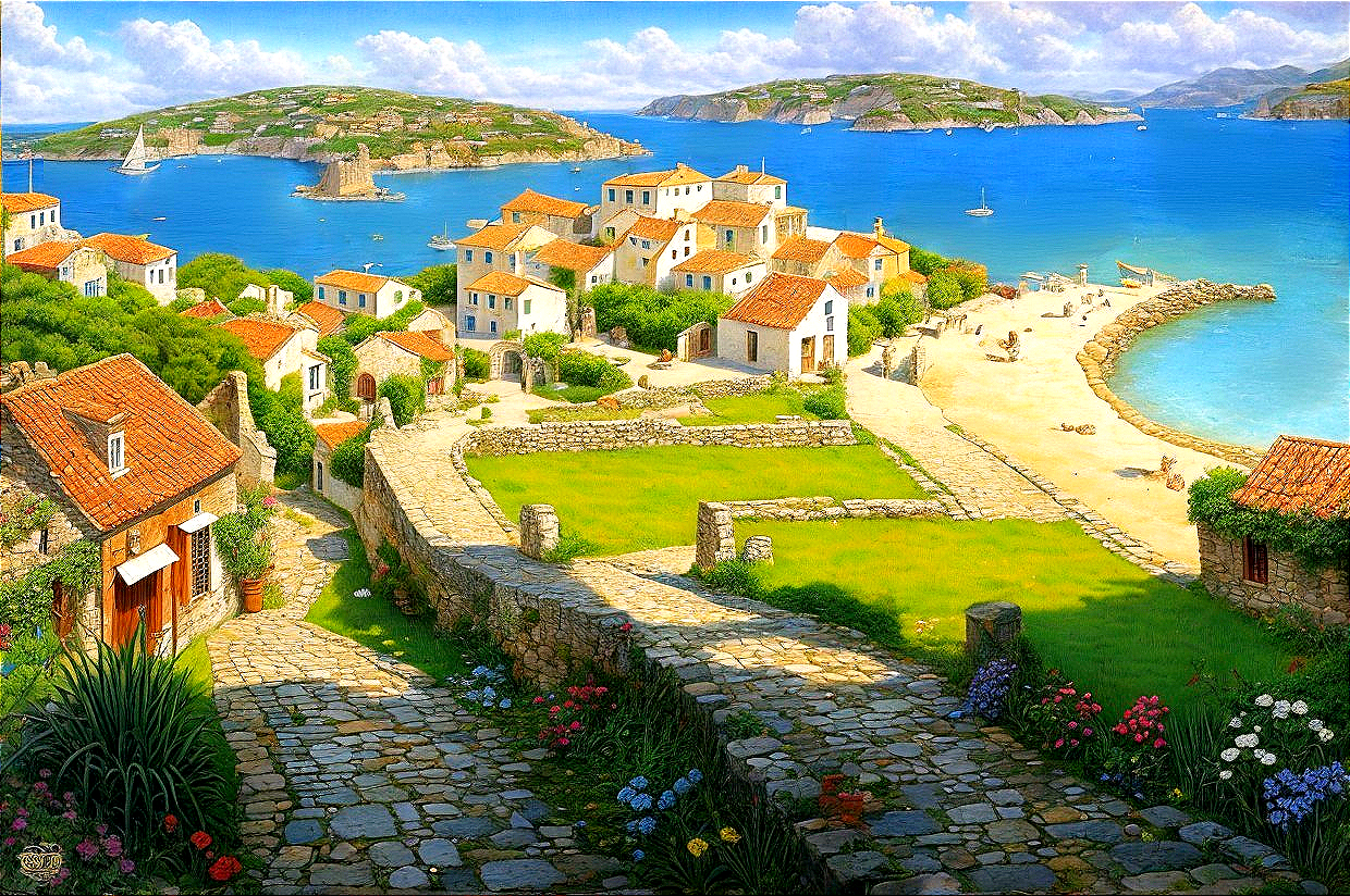 Charming Coastal Scene with White Houses and Blue Sea