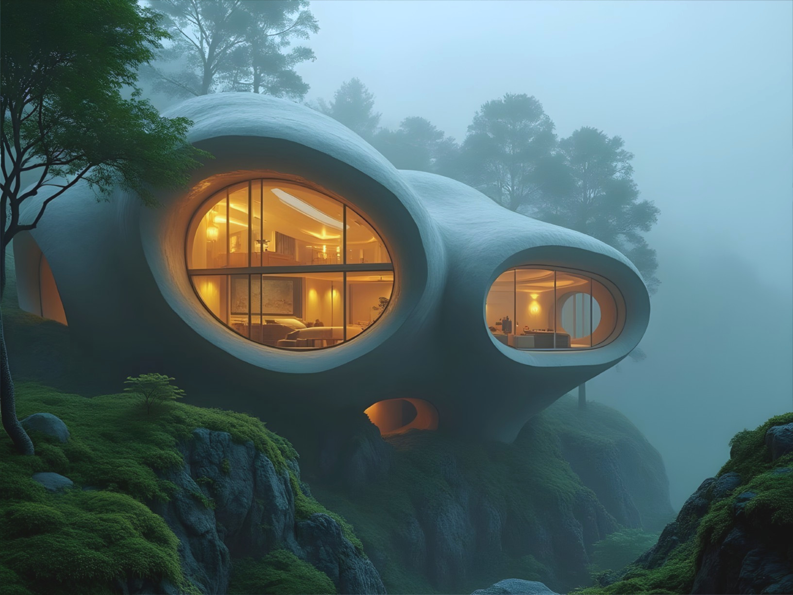 Futuristic Organic House on Rocky Hillside with Glow