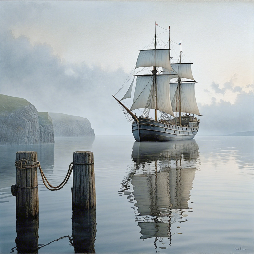 Tall ship sailing through calm waters with misty cliffs