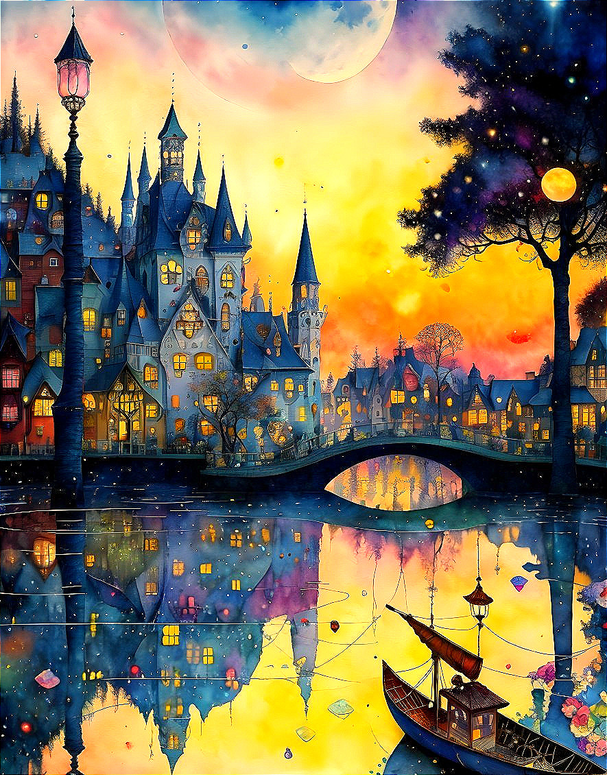 Colorful painting of castle by river at night with full moon, stars, reflections, and small boat