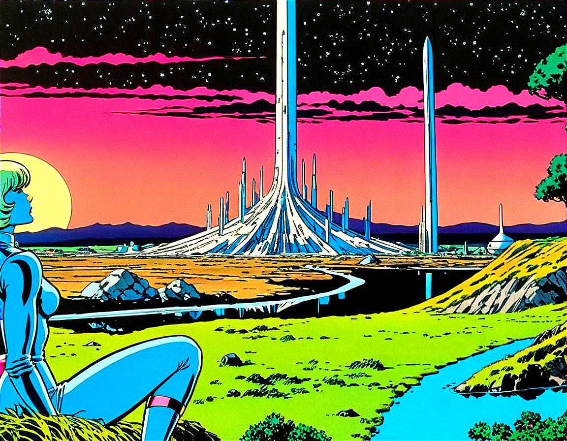 Surreal Landscape with Blue Humanoid and Futuristic Structures