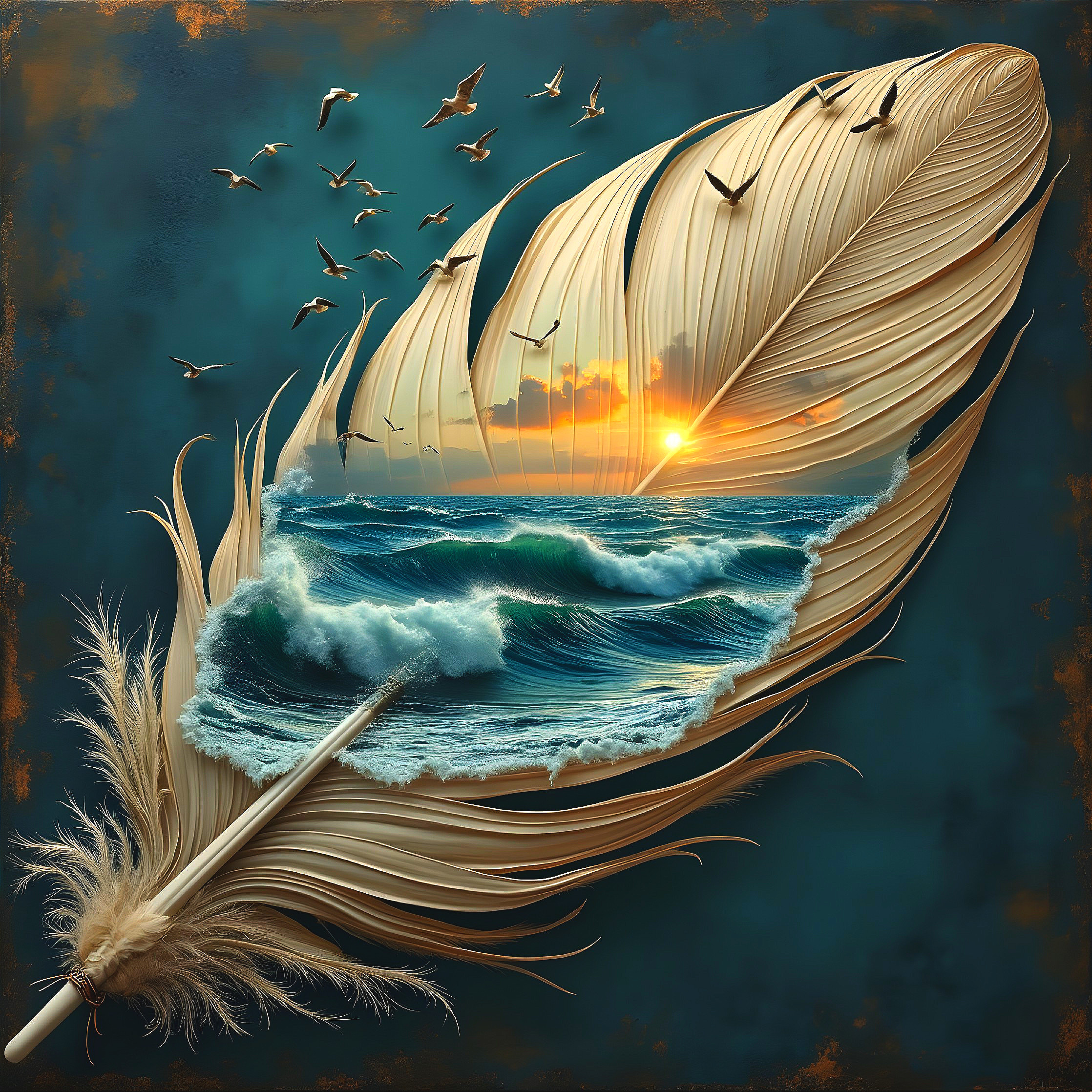 Intricate Feather Blending with Vibrant Seascape