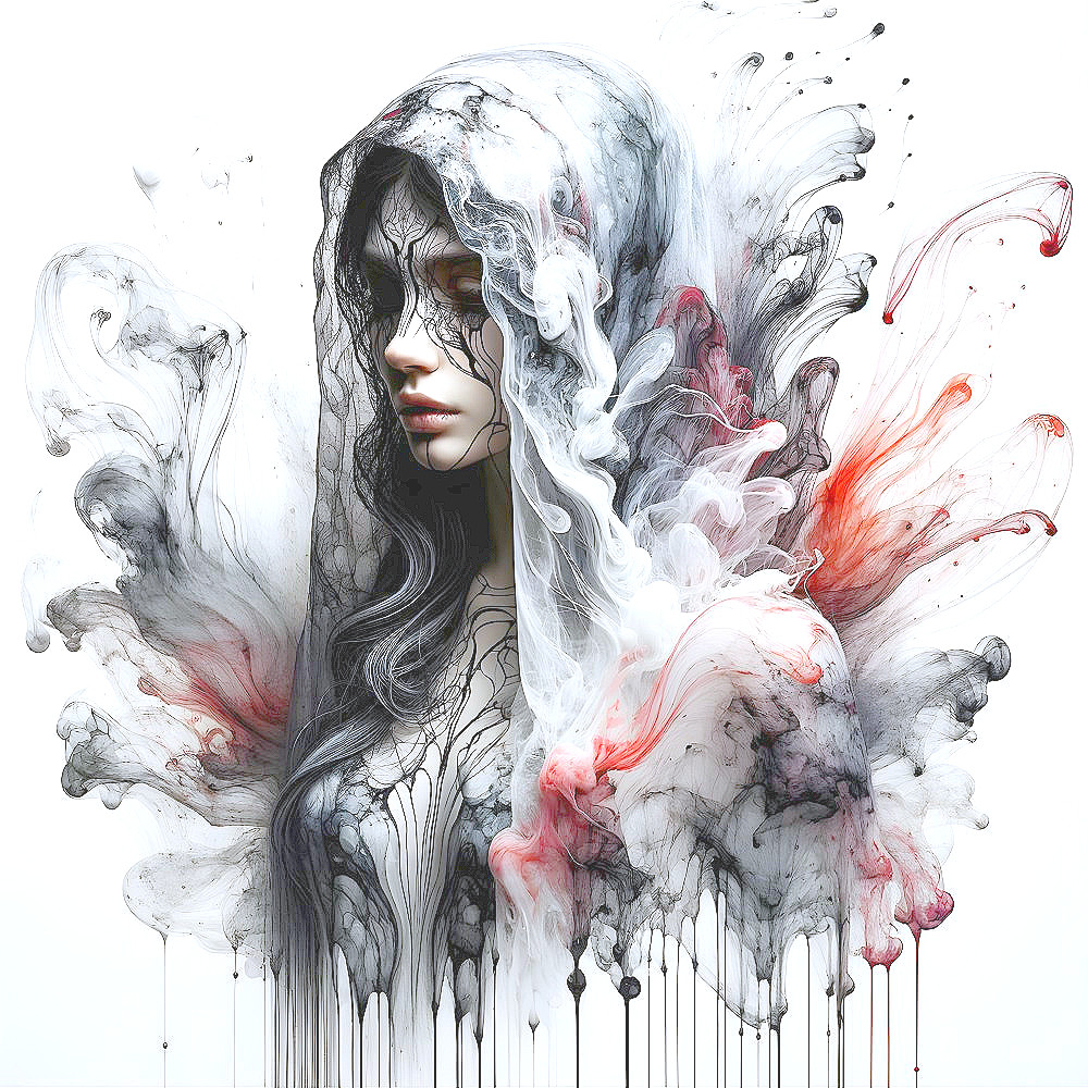 Ethereal figure in translucent hood with abstract patterns