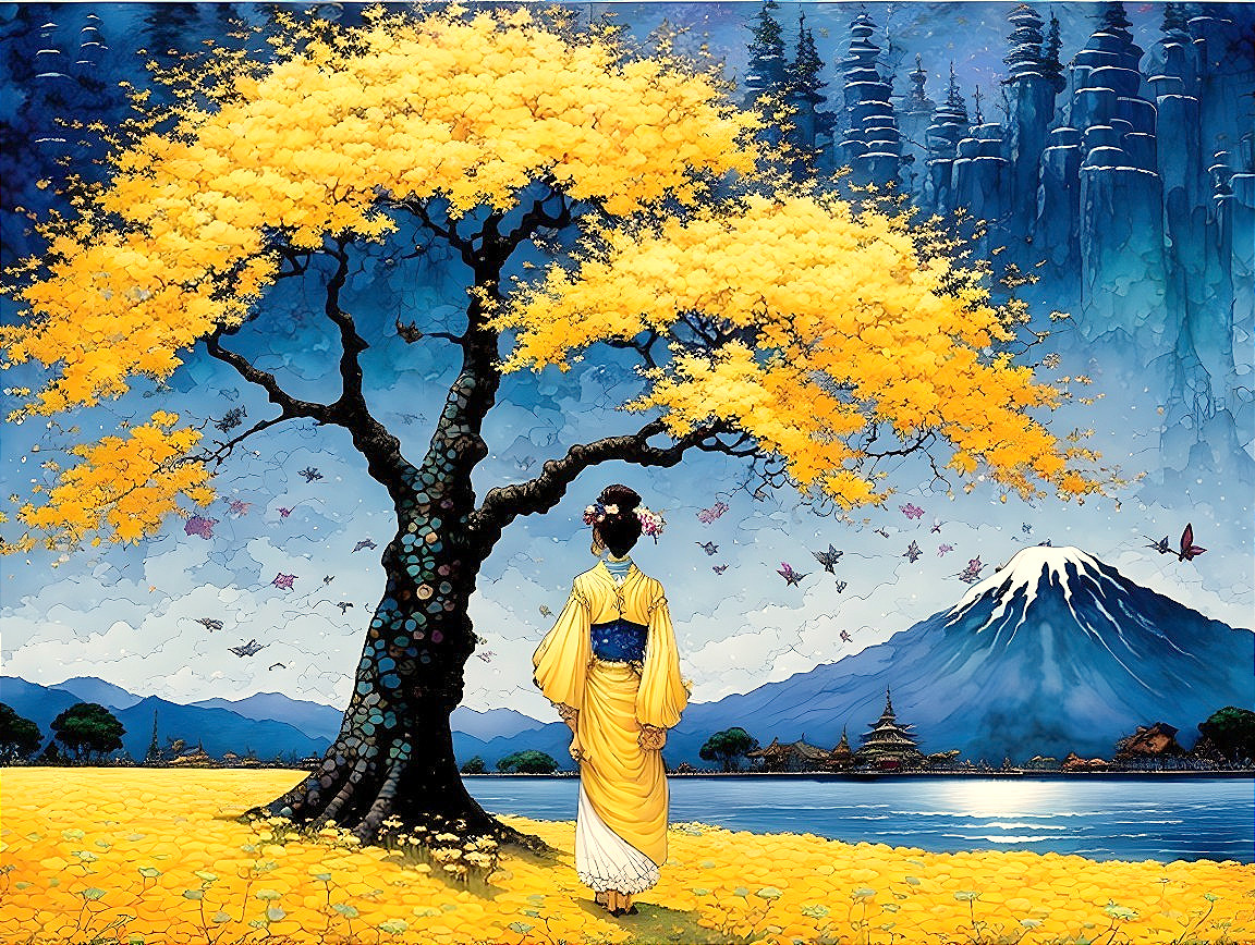 Serene Landscape with Woman in Kimono and Mountains