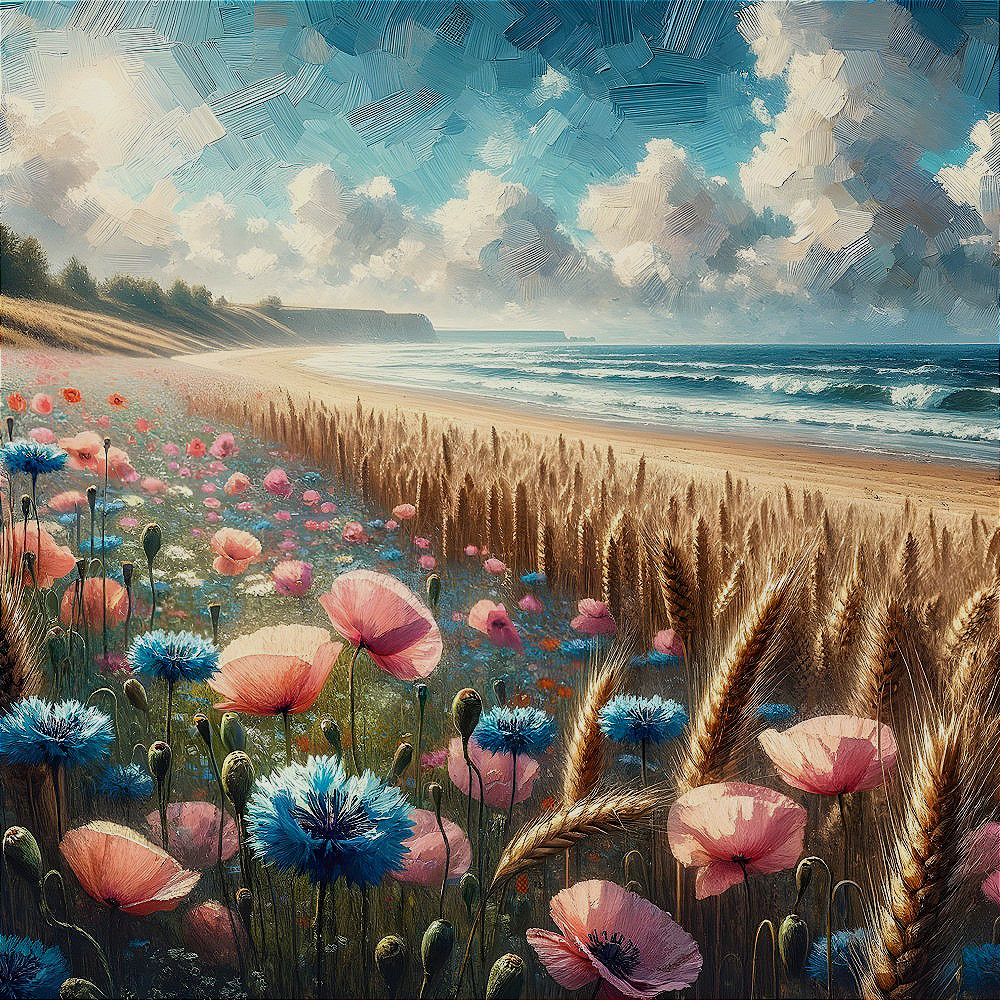 Coastal Landscape with Wildflowers and Wheat Fields
