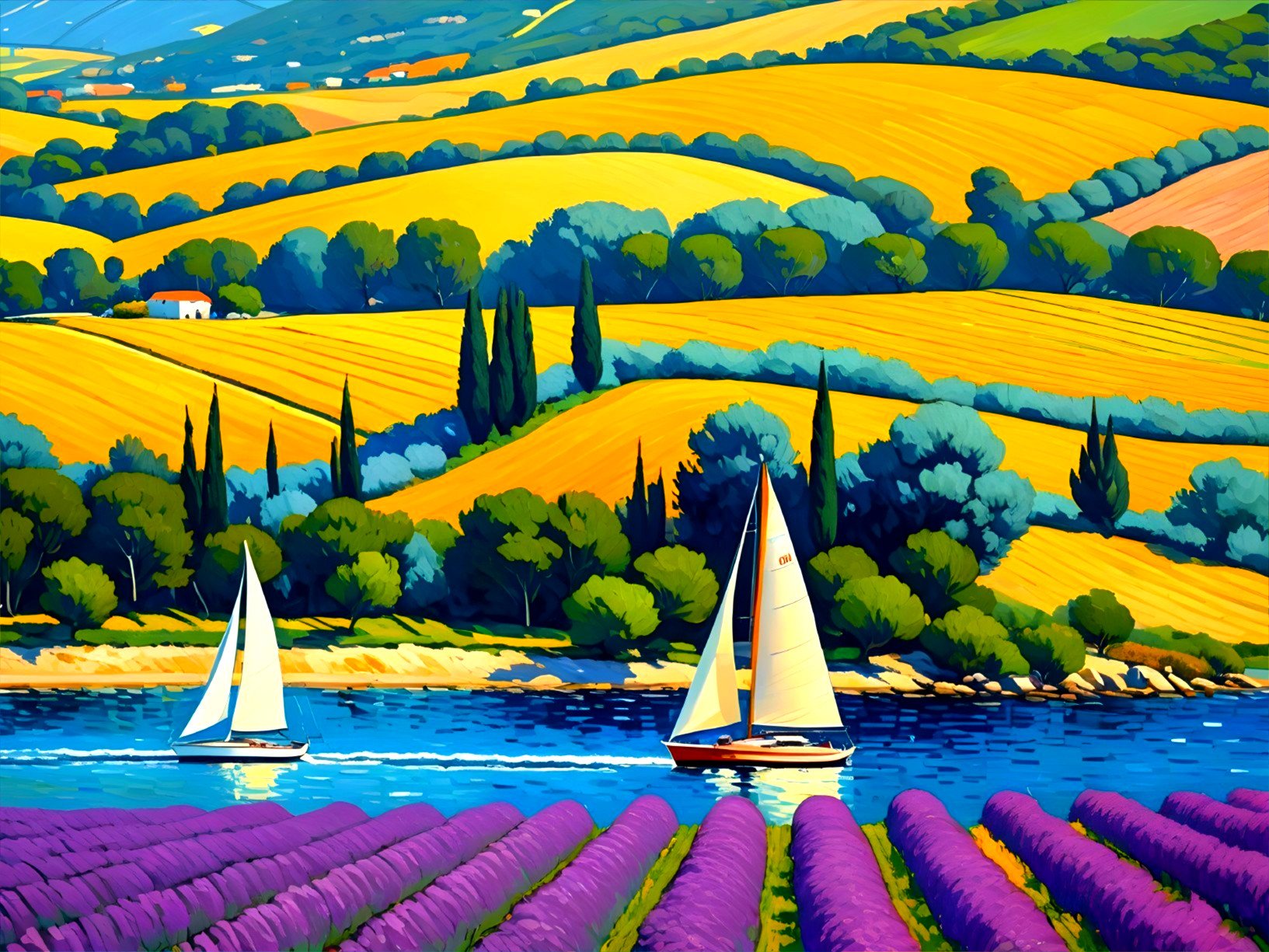 Vibrant countryside landscape with hills and river