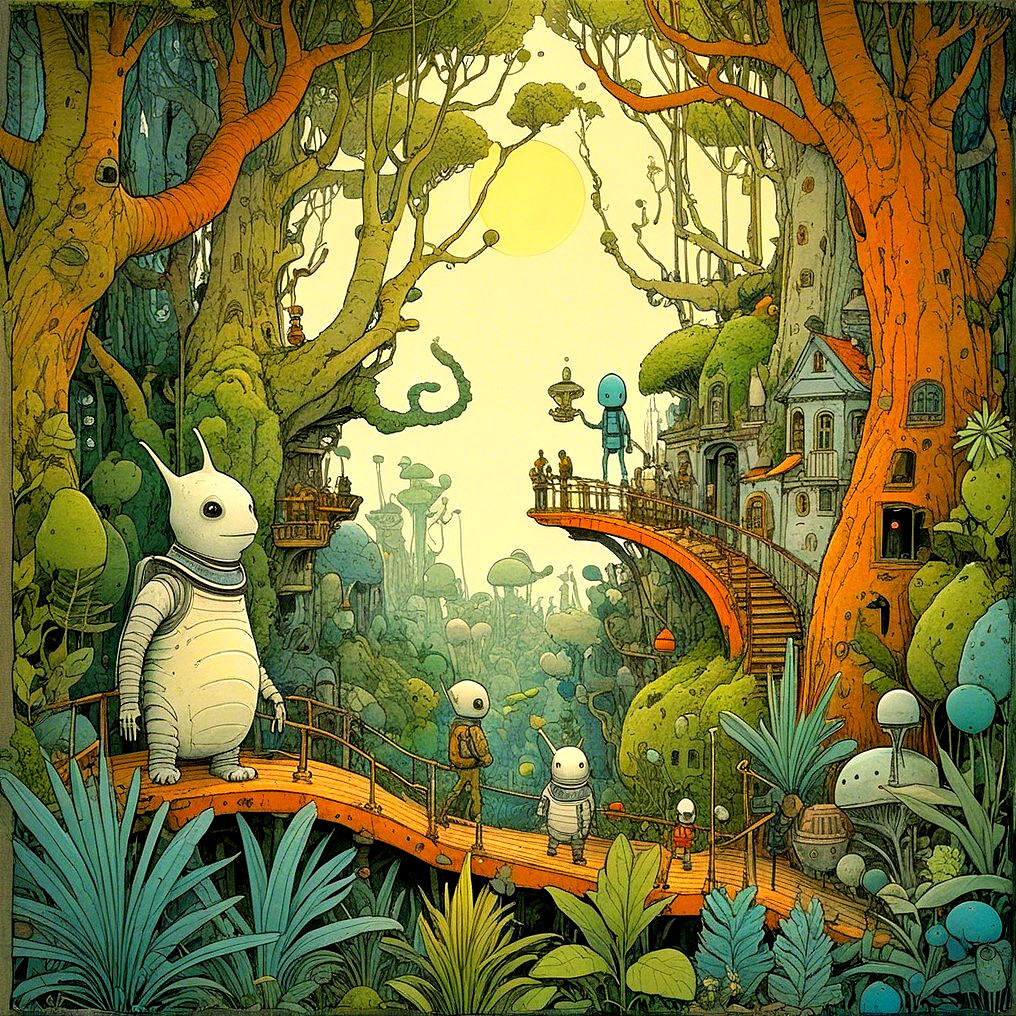 Surreal Forest with Whimsical Robots and Lush Greenery