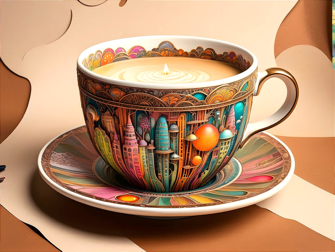 Ornate Teacup with Illustrated Cityscape Design