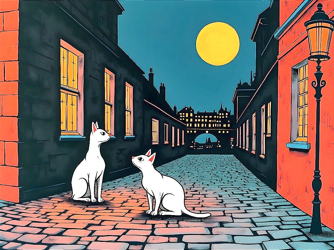 White Cats in Moonlit Alleyway with Vintage Streetlamp