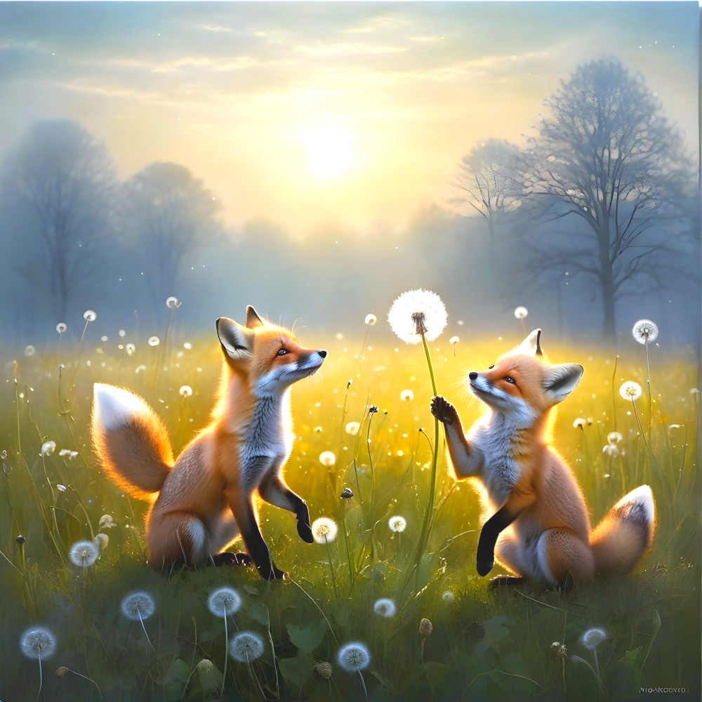 Foxes Playing in a Sunlit Meadow with Dandelions