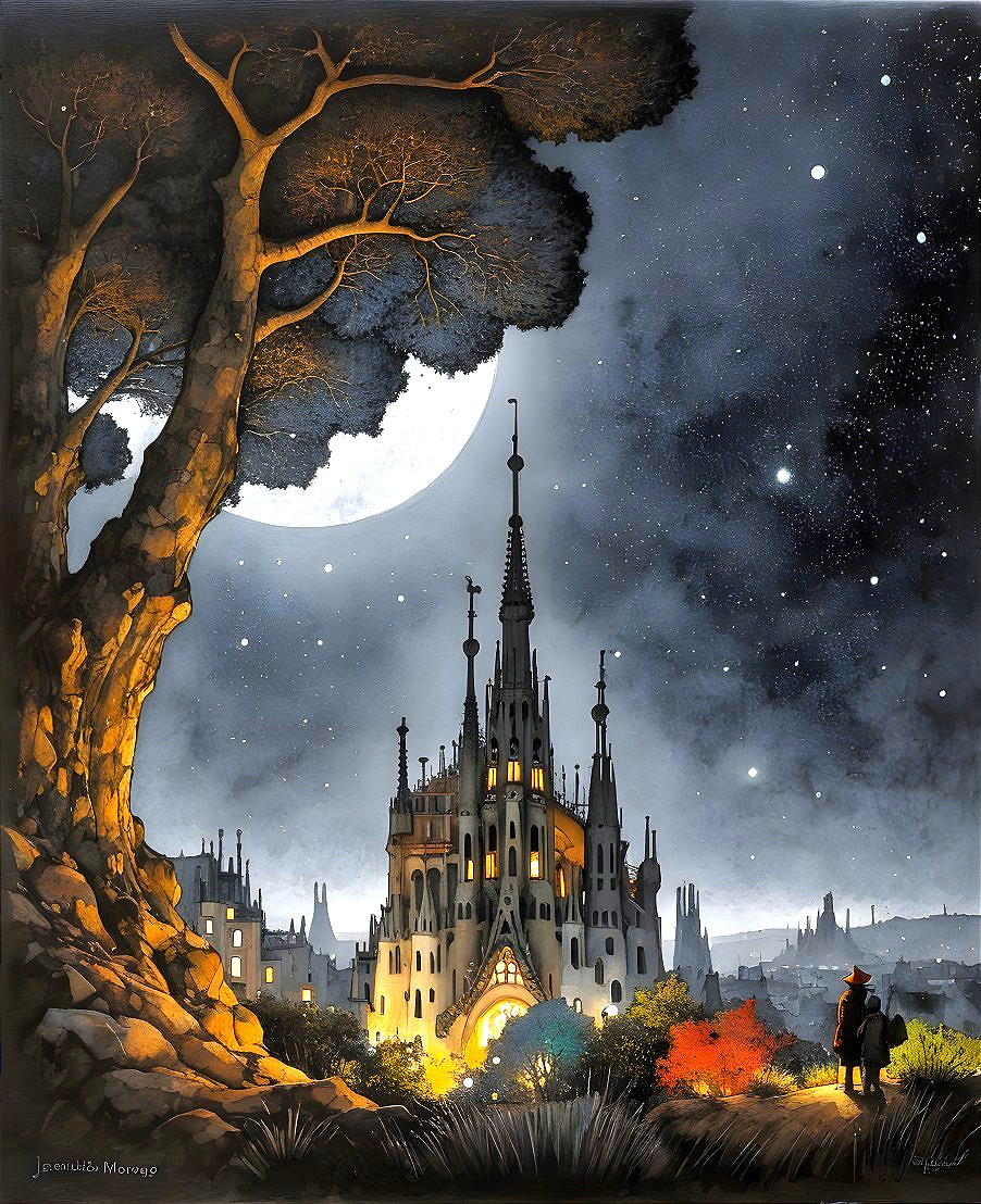 Mystical Landscape with Grand Castle and Night Sky