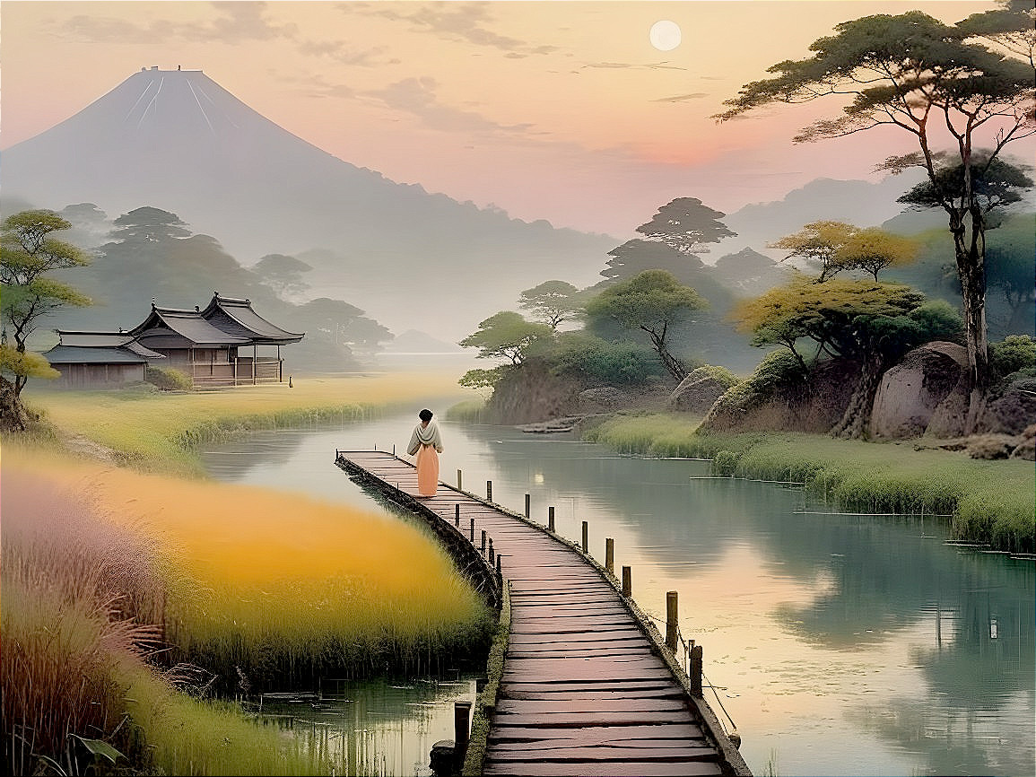 Serene Landscape with Woman on Wooden Bridge at Dawn