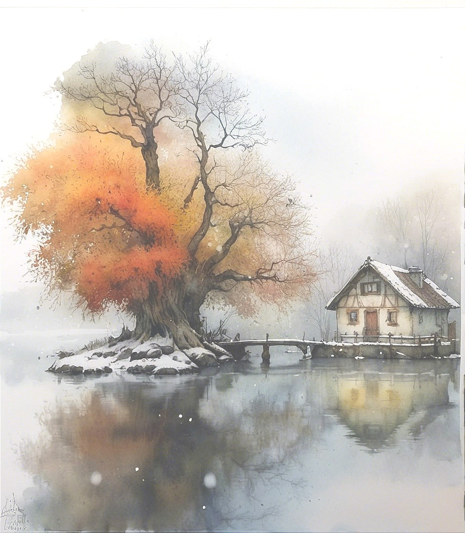 Winter Landscape with House by Foggy Lake