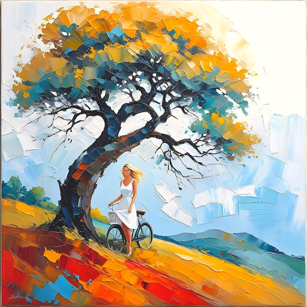 Vibrant landscape with colorful tree and vintage bicycle