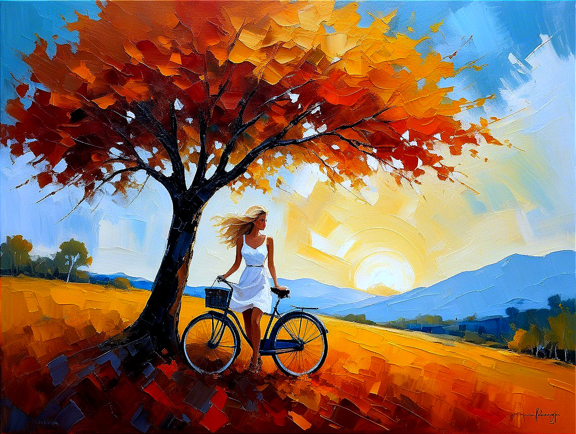 Autumn Landscape with Woman, Bicycle, and Sunset