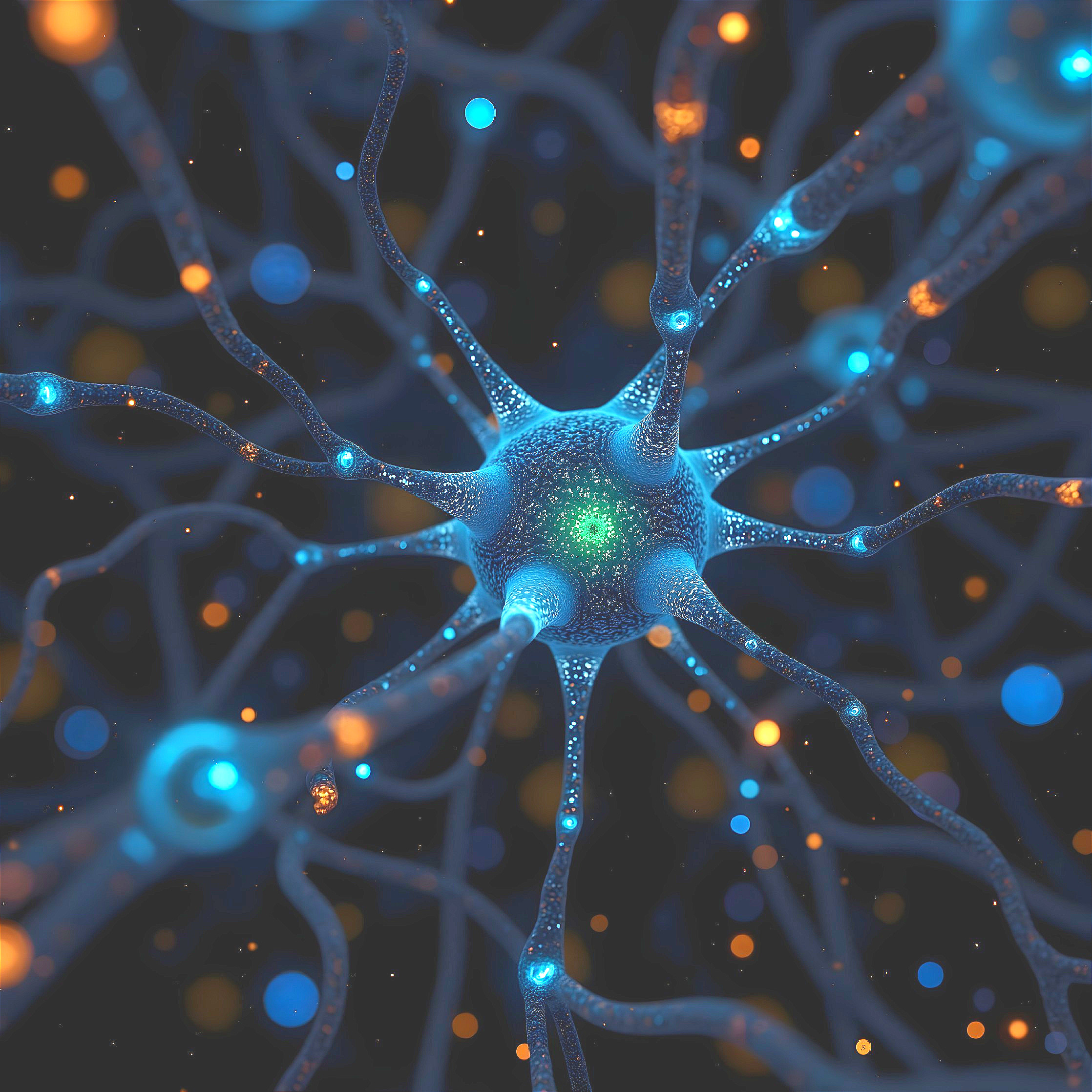 Close-Up View of Intricate Neuron Structure and Synapses