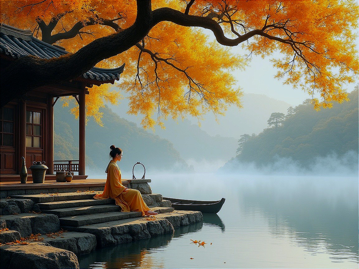 Tranquil Lake Scene with Autumn Leaves and Mist