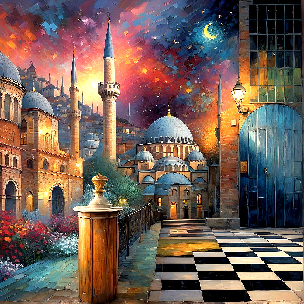 Twilight Cityscape with Domes and Colorful Sky