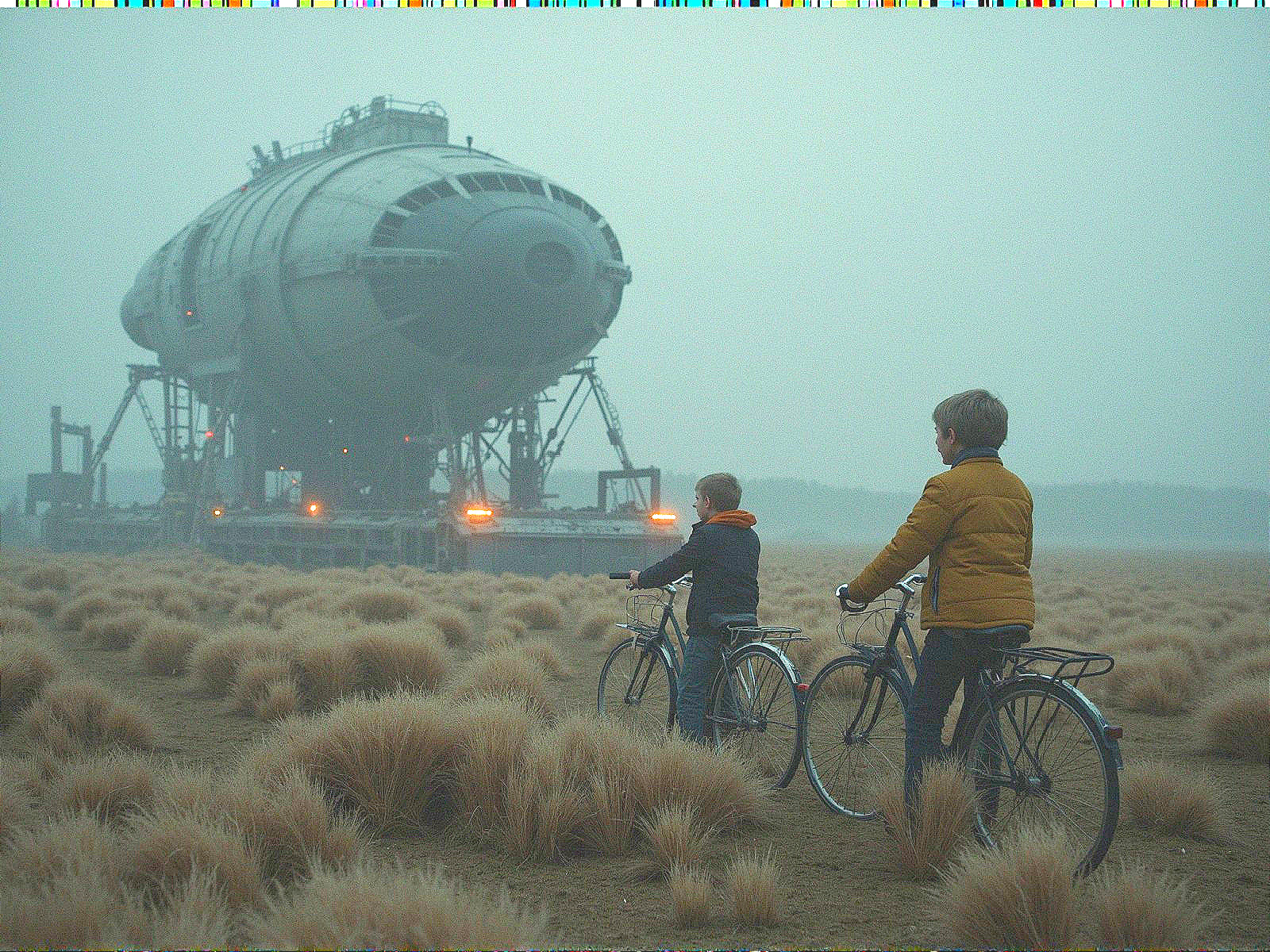 Children on Bicycles in Misty Landscape with Spaceship