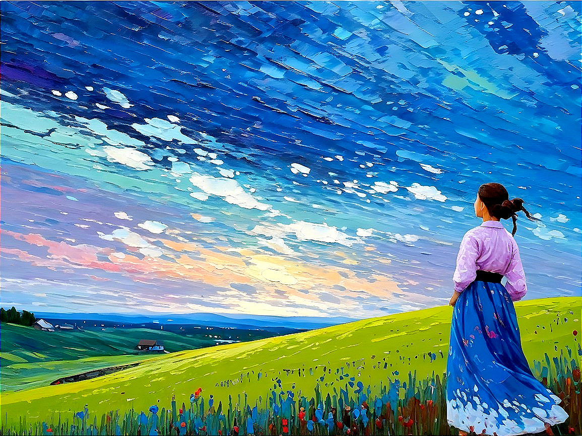 Young Woman in Traditional Attire on Green Hill at Sunset
