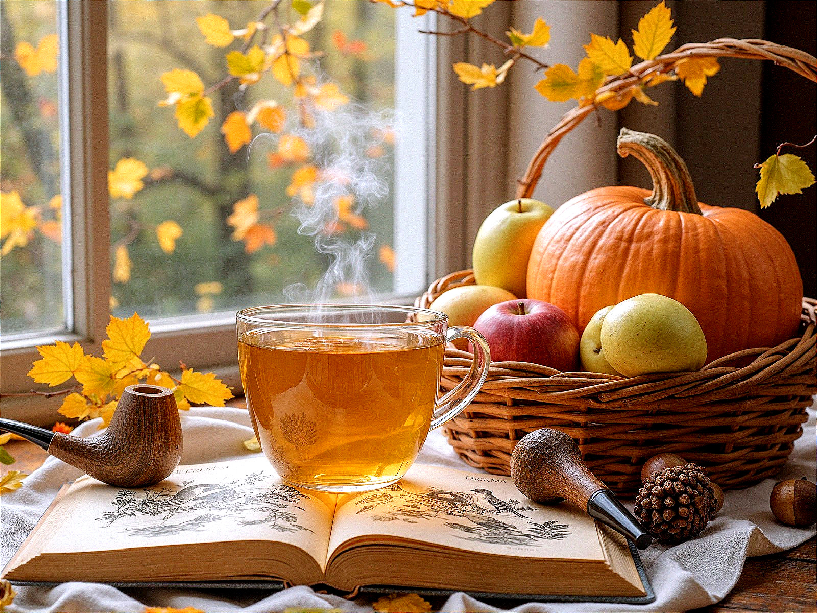 Cozy Autumn Scene with Tea, Book, and Fall Decor