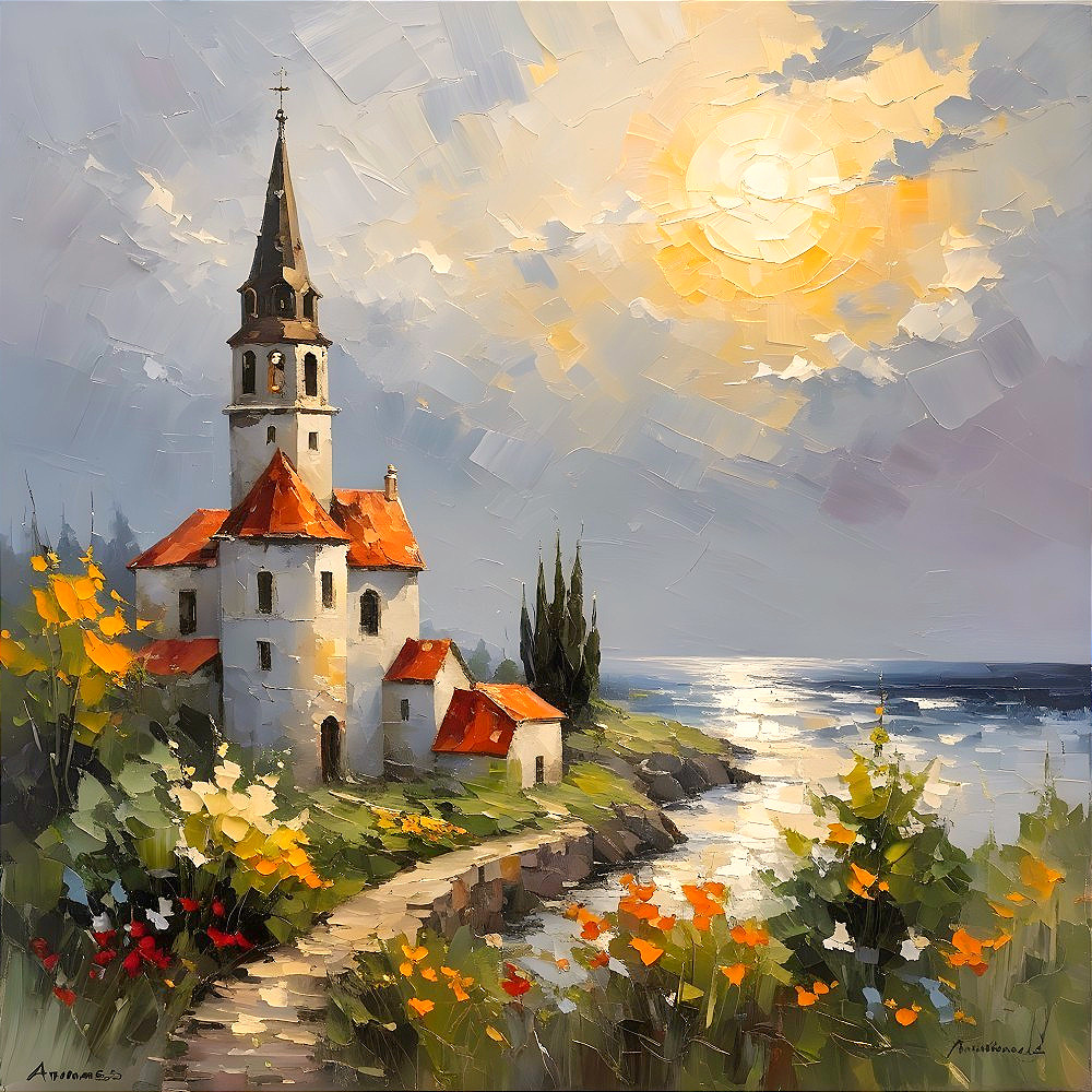 Charming Church by Tranquil Water in Picturesque Landscape