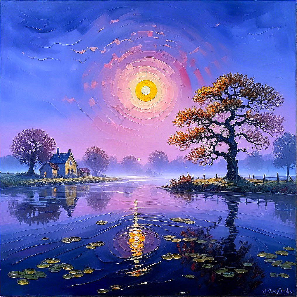 Tranquil River Landscape with Sunset and Cottage