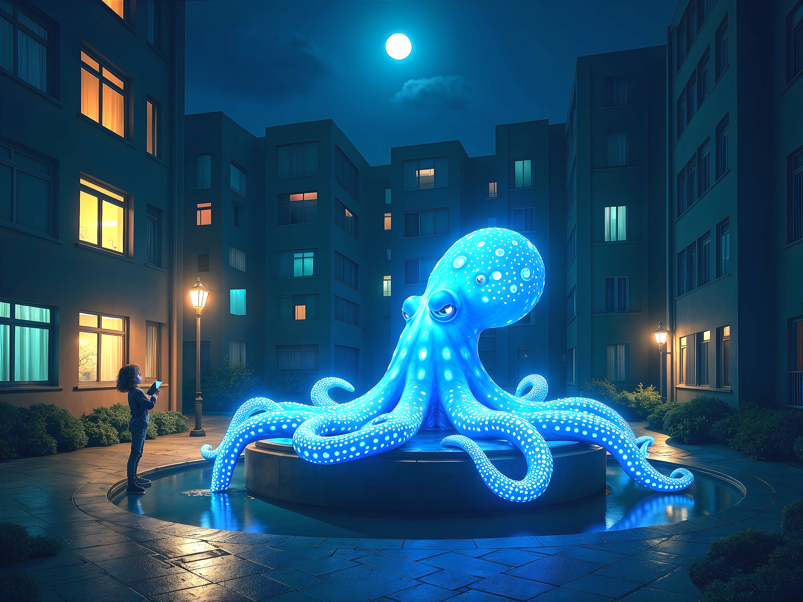 Luminous Blue Octopus in Nighttime Courtyard Scene