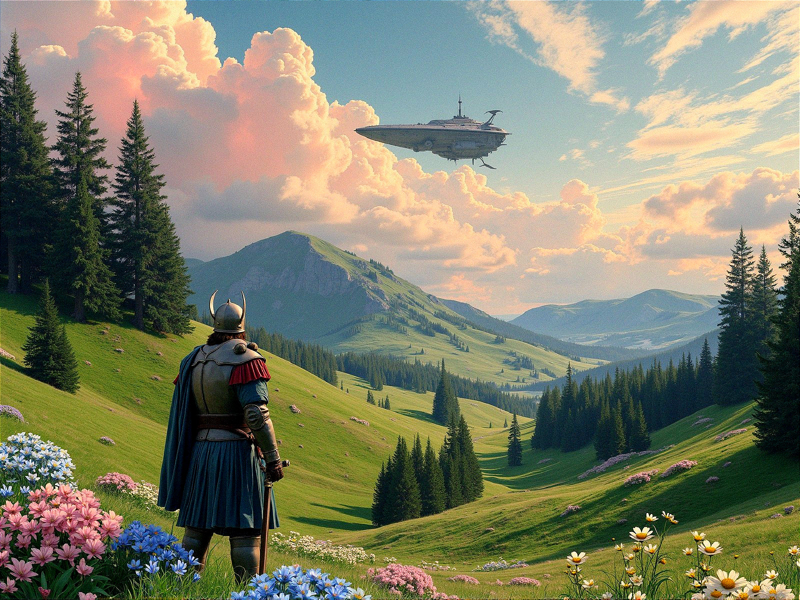 Knight in Armor Amidst Flowers and Spaceship Scene