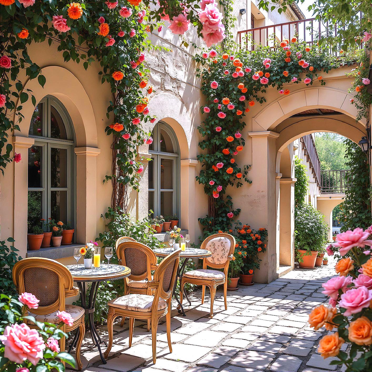 Charming Courtyard with Vibrant Roses and Tables