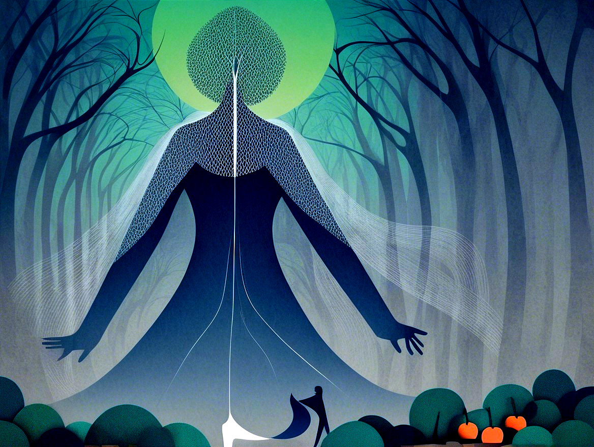 Serene Figure in Mystical Forest with Glowing Orb