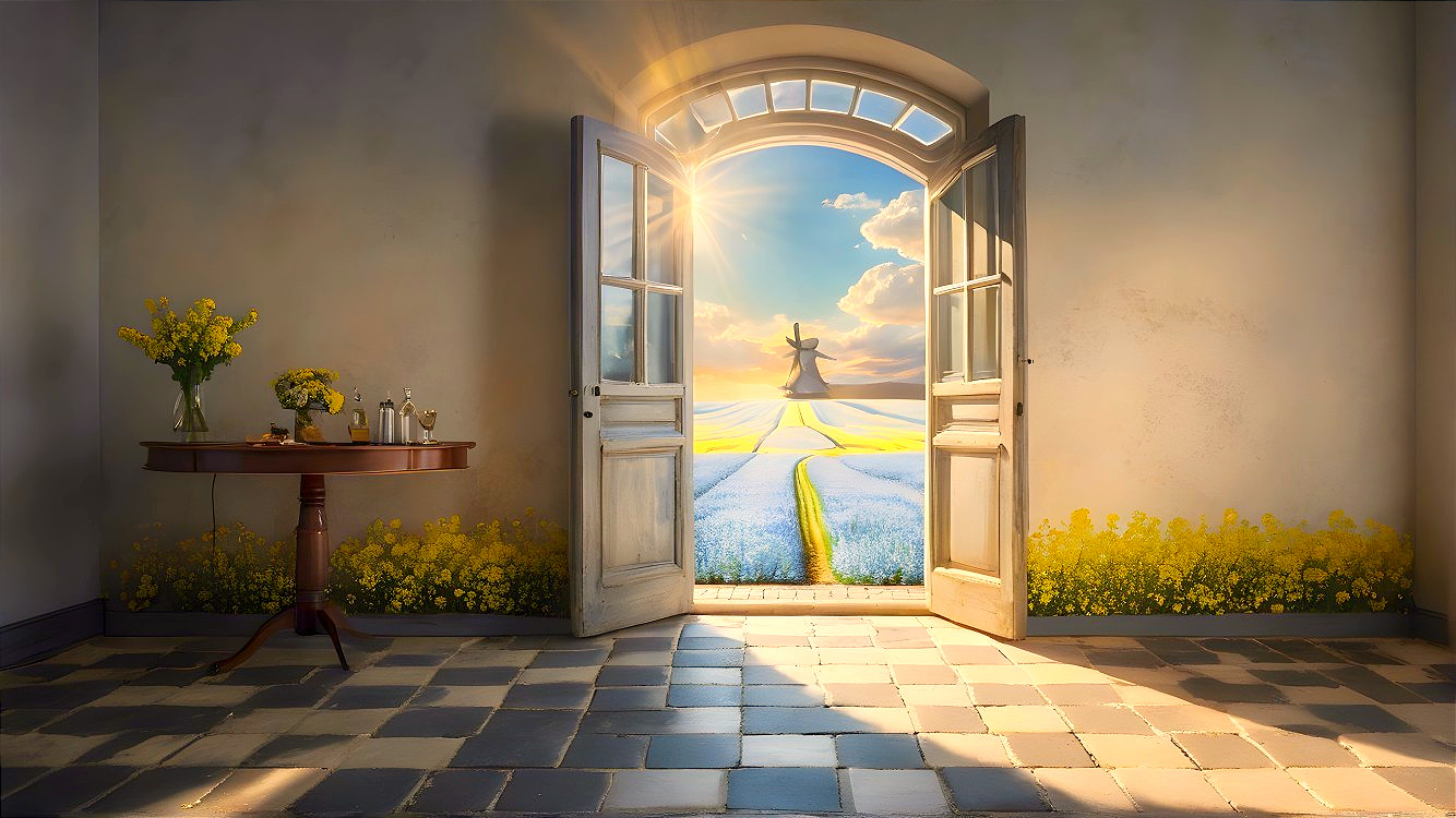 Warmly Lit Room with Vibrant Landscape View