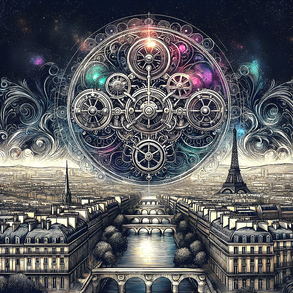 Surreal Mechanical Structure Over Paris Cityscape