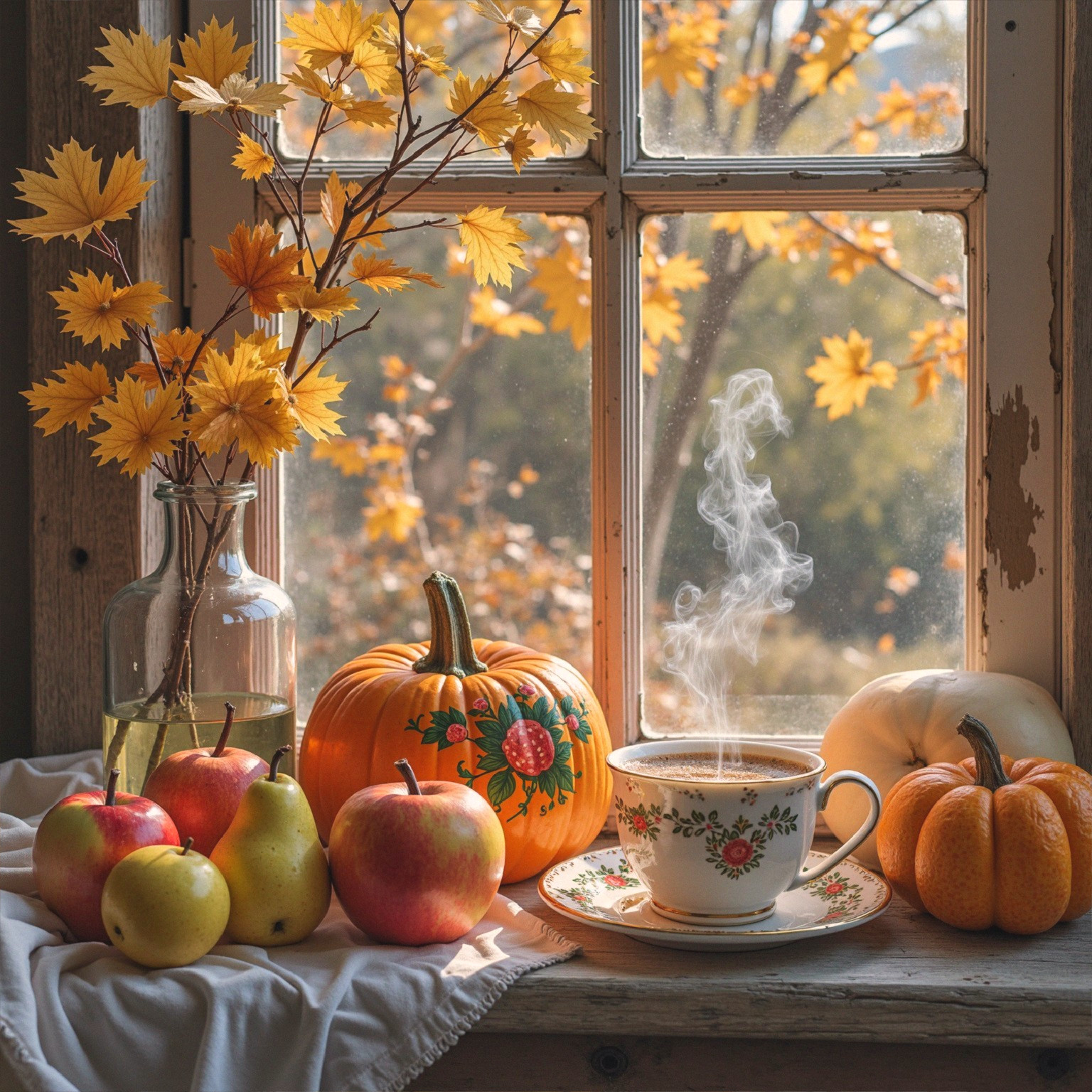 Cozy Autumn Scene with Tea, Pumpkins, and Apples