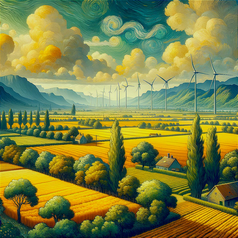 Vibrant Landscape of Fields and Mountains with Turbines
