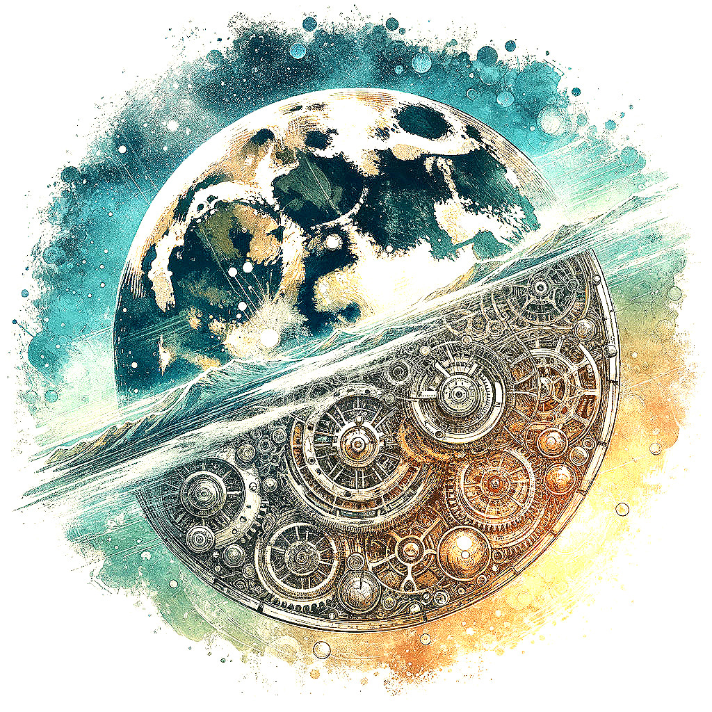 Surreal Cosmic Scene with Moon and Mechanical Gears
