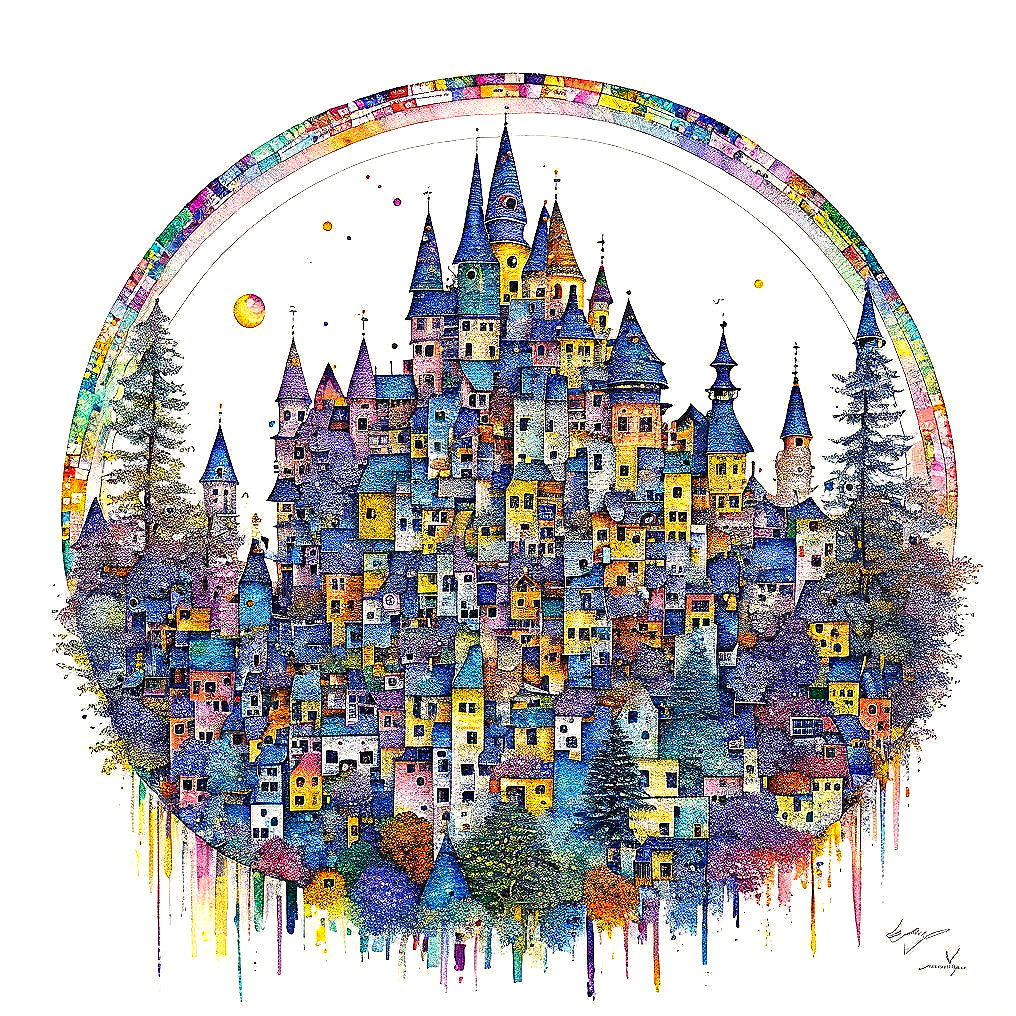 Whimsical Castle City with Colorful Towers and Trees
